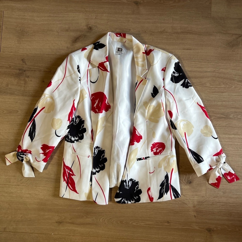 Anne Klein Womens XL Floral Blazer White Red Black Single Button Tie Cuff Jacket